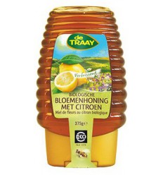 De Traay Bloemenhoning met citroen knijpfles biologisch 375 gram