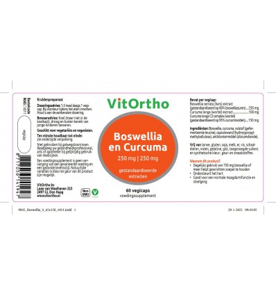 VitOrtho Kruidenextracten VitOrtho Boswellia 250 mg en curcuma 250 mg 60 vcaps kopen