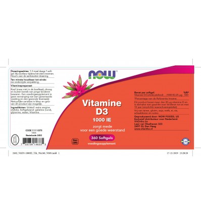 Now Vitamine D 3 25 mcg 360 softgels kopen