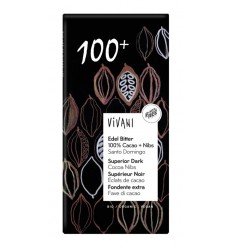 Vivani Chocolade puur superieur 100% + cacao nibs 80 gram